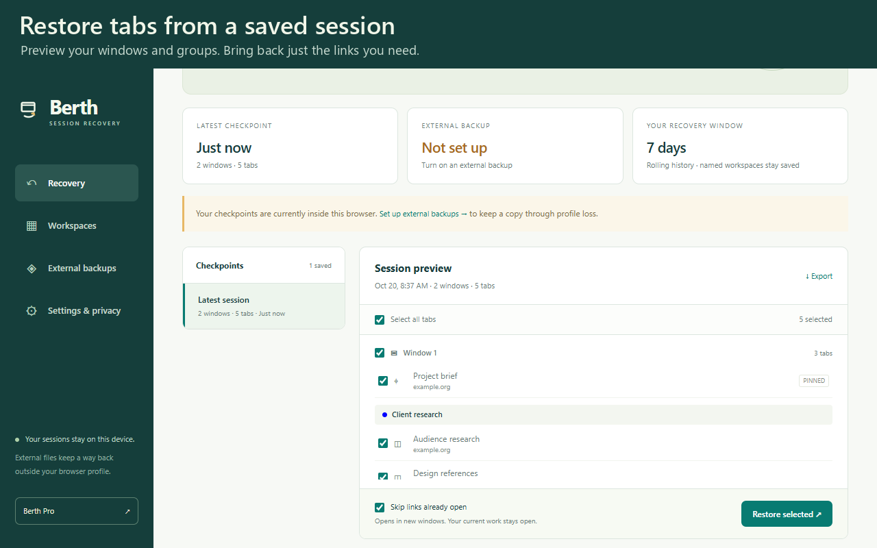 Berth: Session Backup & Recovery screenshot