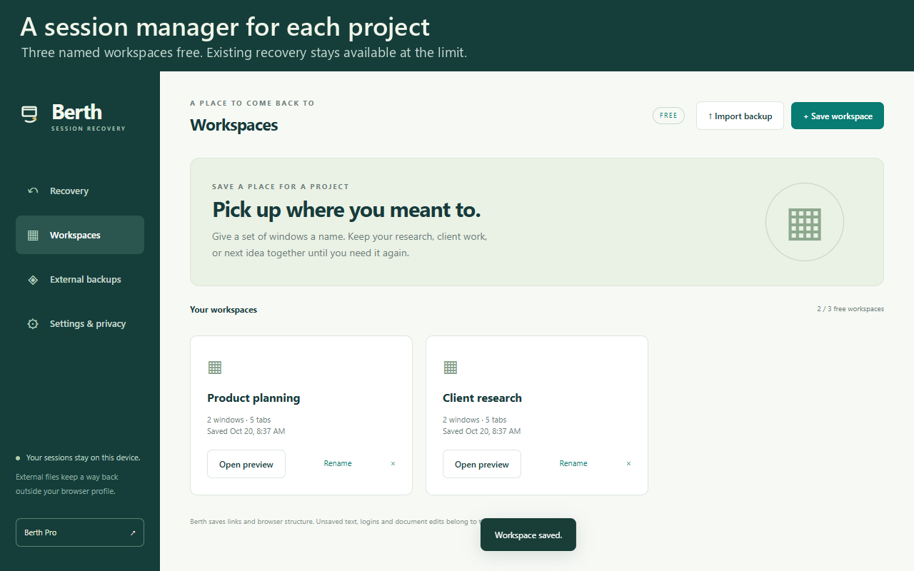 Berth: Session Backup & Recovery screenshot