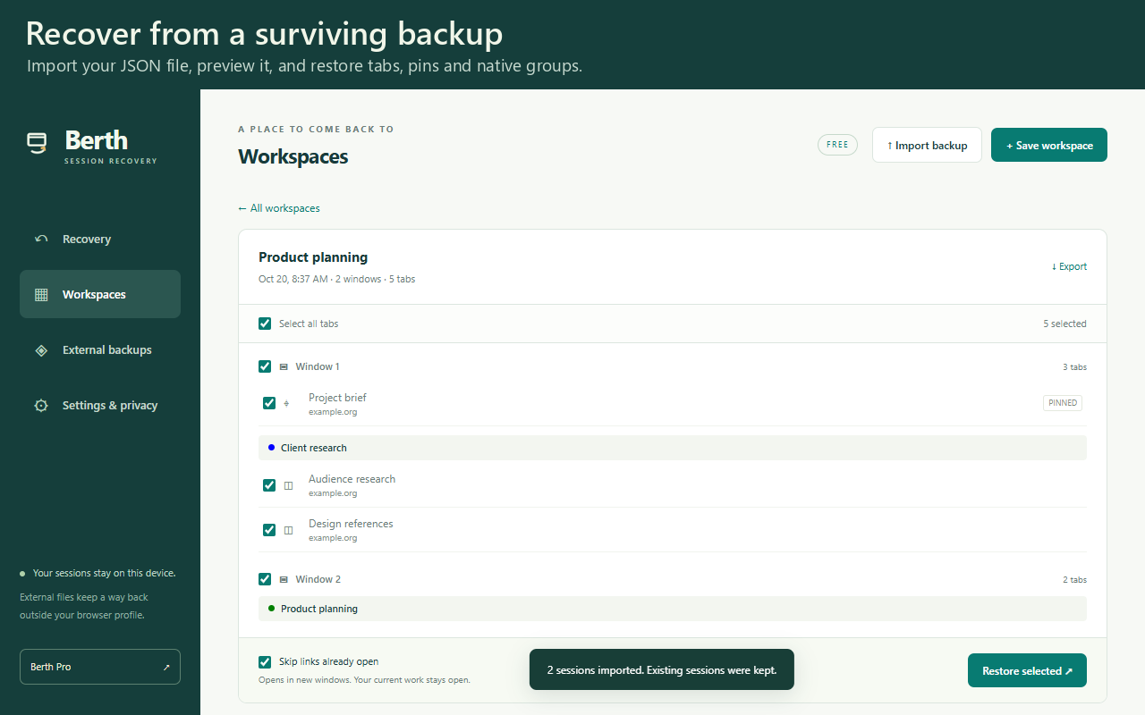 Berth: Session Backup & Recovery screenshot