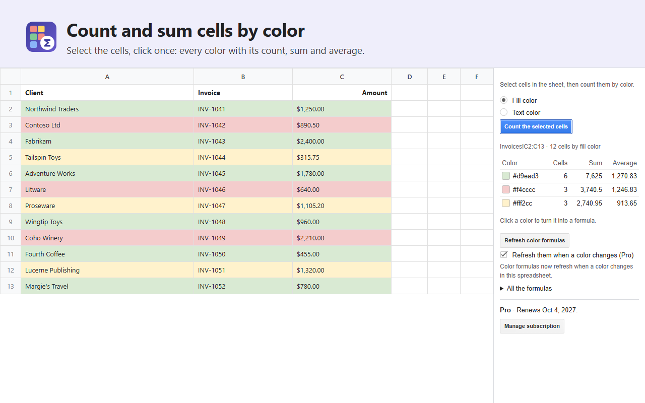 ColorSum: Count & Sum Colored Cells by Color screenshot