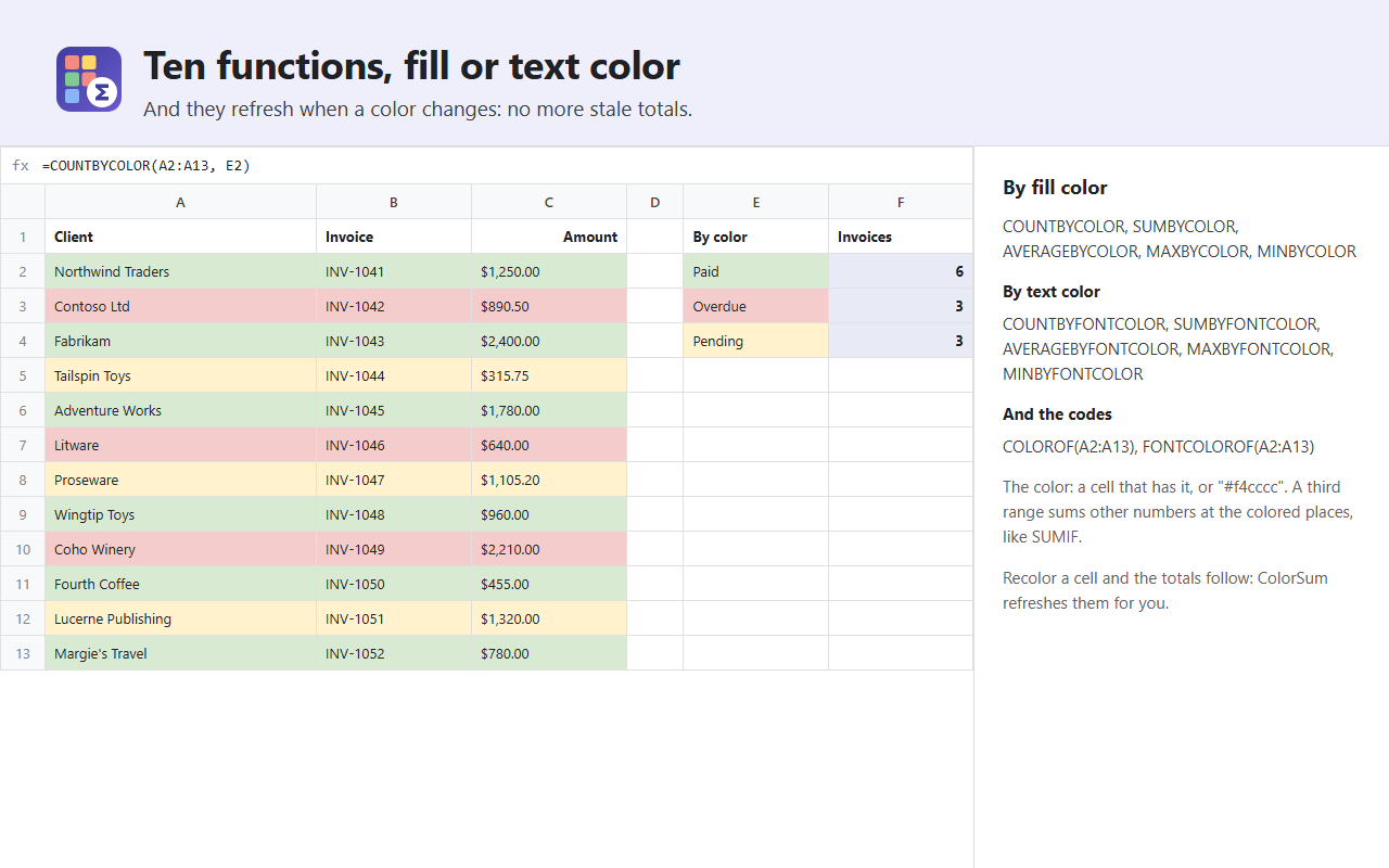ColorSum: Count & Sum Colored Cells by Color screenshot
