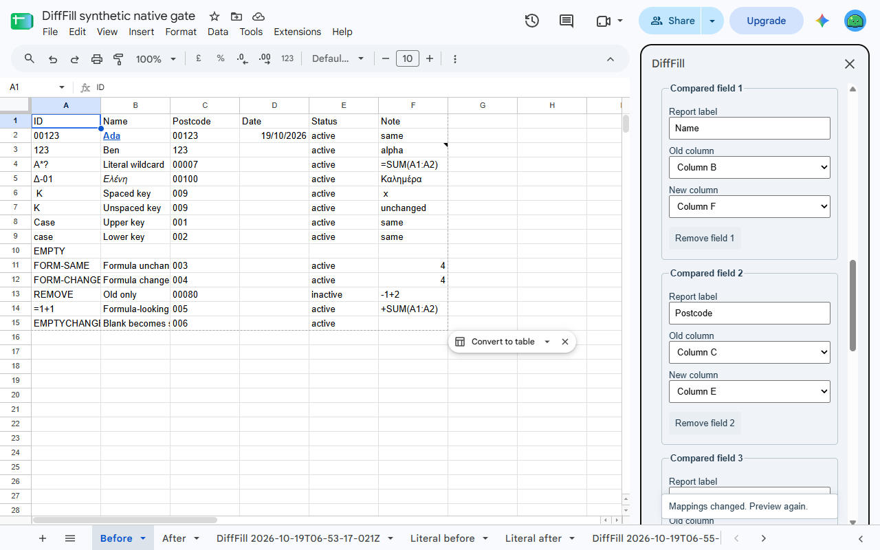 DiffFill: Compare Two Tabs for Google Sheets™ screenshot