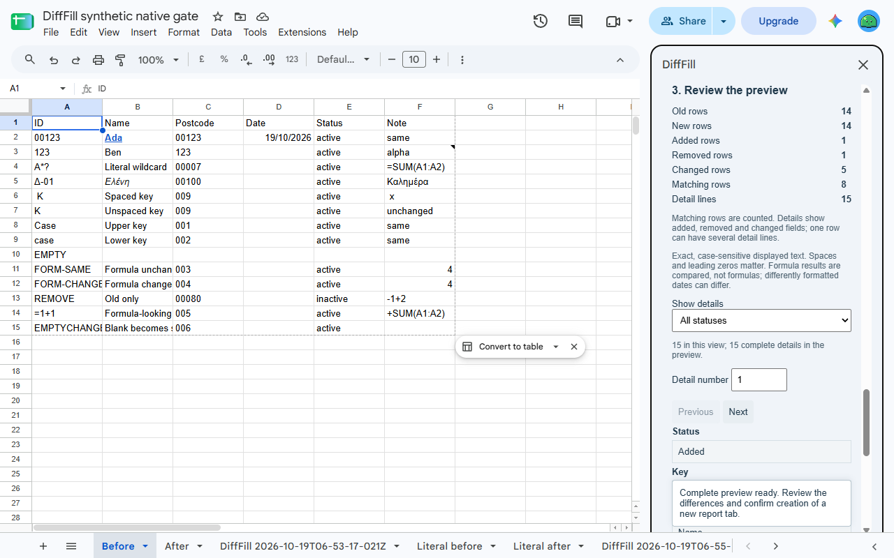 DiffFill: Compare Two Tabs for Google Sheets™ screenshot