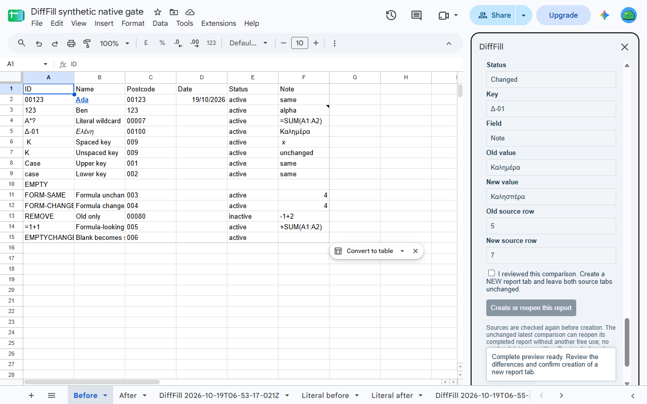 DiffFill: Compare Two Tabs for Google Sheets™ screenshot